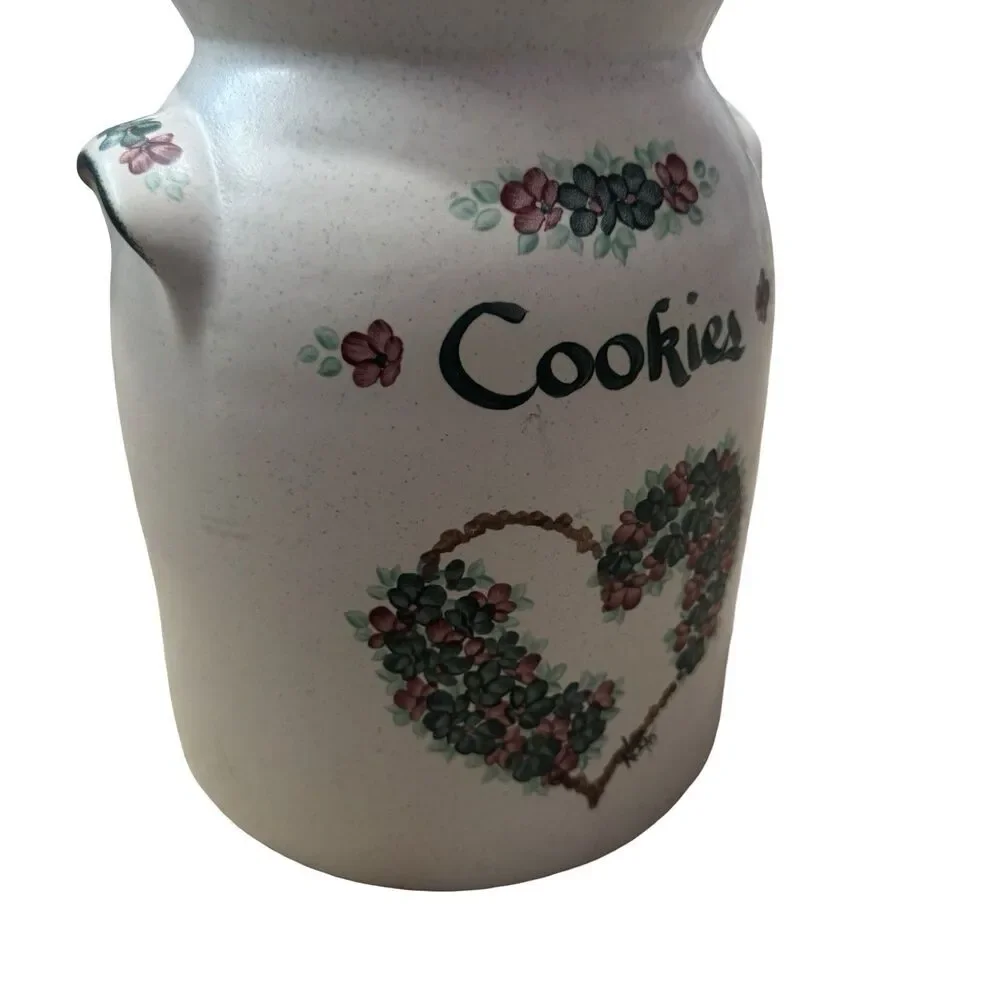 Vintage Crock  Stoneware Pottery Homemade Cookies Cookie Jar Floral Heart Large